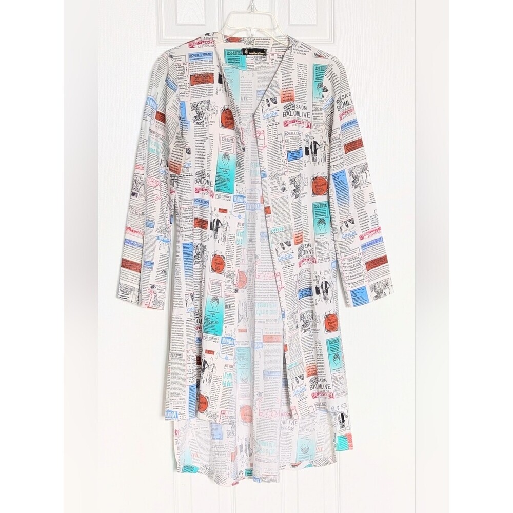 Women Colorful Newspaper- Print Maxi High-Low Lightweight Open-Front Duster Coat